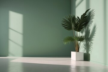 Empty modern interior design with green wall, green plant in a vase, and sunlight through the window, contemporary home decor and architecture