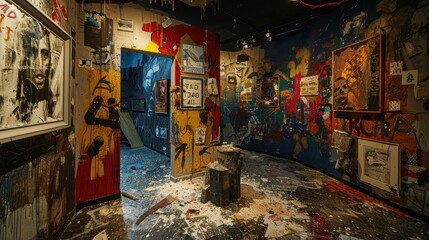 Fototapeta premium Mixed media art installation, innovative designs, realistic studio setting, high detail and vivid colors