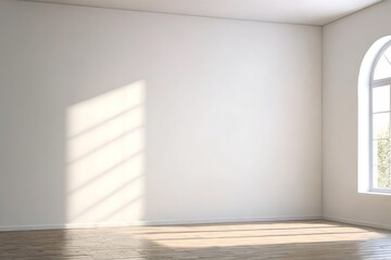 Fototapeta premium Empty room with window, sunlight through the window, white wall, open interior space with parquet floor and modern design