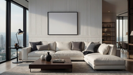 Empty white signboard in white modern living room, Ready to use, Template, Mock up poster in living room.
