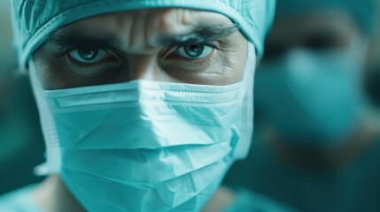 A skilled surgeon, dressed in scrubs and a protective mask, is fully focused on performing surgery, captured in a clean and sterile operating room environment.