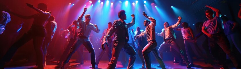 Fototapeta premium Dynamic theatre scene, actors with expressive faces, realistic studio lighting, high detail and vivid colors