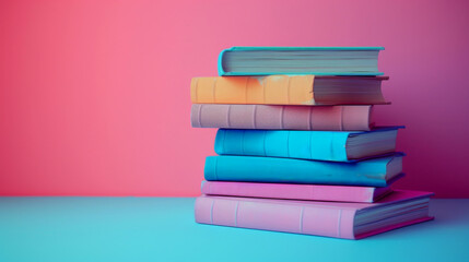Neat pile of colorful books is standing on a vibrant blue surface against a pink background