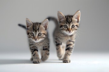 Two adorable tabby kittens walking side by side on a white background, exuding curiosity and charm.