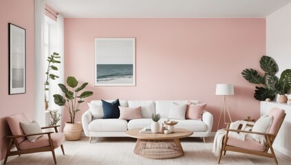 Modern living room interior with sofa and pastel walls