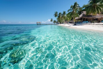 Naklejka premium An inviting tropical beach resort scene with crystal clear water, soft white sands, palm trees, and beachside huts, perfect for an idyllic holiday destination.