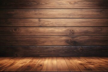 Wooden wall and wood floor background with empty space, natural timber texture and dark oak plank design