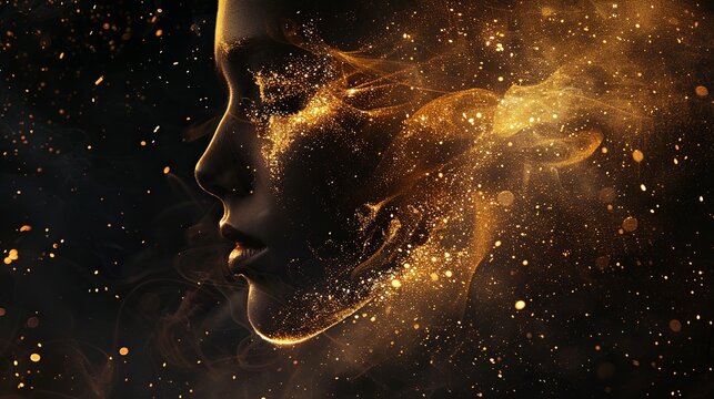 A human face emerges from a dark void, illuminated by a shimmering halo of golden particles.