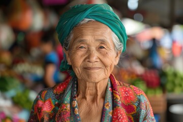 Fototapeta premium An elderly woman, wearing a green headscarf and colorful floral attire, smiles warmly at a local market, showcasing the rich cultural heritage and vibrant community spirit.
