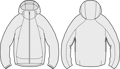 Hooded windbreaker softshell jacket technical CAD fashion illustration full zip design template front and back views  © 212069668