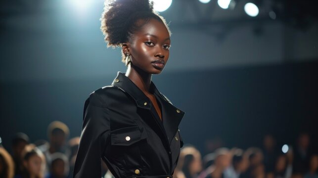 A woman in a black jacket is walking down a runway