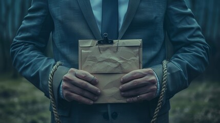 Businessman with hands tied holding envelope in tense surroundings, implying illicit actions