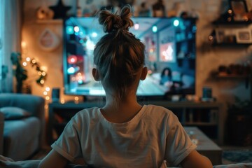 A young kid with a hair bun is comfortably seated, watching a television show on a large screen TV in a warmly lit, artistically decorated living room setting at night.