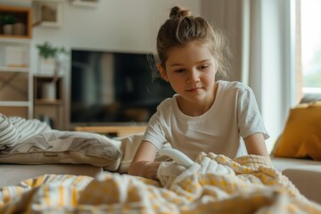 Fototapeta premium A little girl dressed in a white shirt and ponytail arranges a yellow-and-white striped blanket on a bed in a bright, tidy room. She appears focused and meticulous.