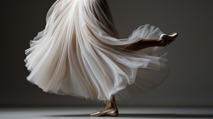 An elegant ballerina is captured in mid-movement, swirling gracefully in a light, flowing dress, showcasing the beauty and fluidity of ballet with delicate poise and charm.