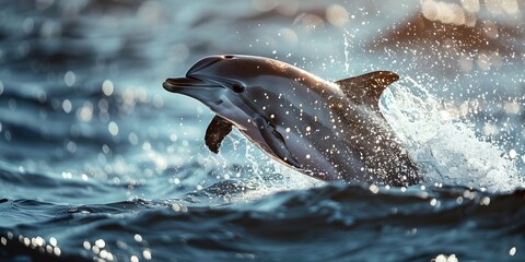 Fototapeta premium Playful Dolphin Leaps out of the Sparkling Ocean with Water Droplets in the Wildlife Habitat
