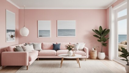 Modern living room interior with sofa and pastel walls