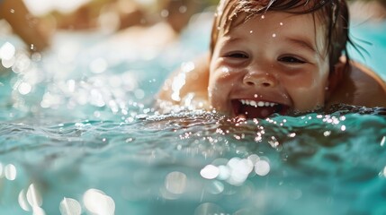 A child is swimming in a pool with water splashing around, capturing the playful and energetic mood of summer fun and the sheer joy of swimming in the pool.