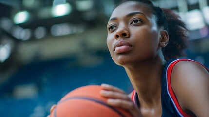 An African American black woman, on the training field, terrain wearing a blue jersey holding a basketball ball and preparing to shoot. Sporty, healthy lifestyle, female game competition, team playing