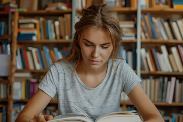 A young woman engrossed in reading a book while sitting in a library, surrounded by shelves filled with various books, symbolizing knowledge and learning.