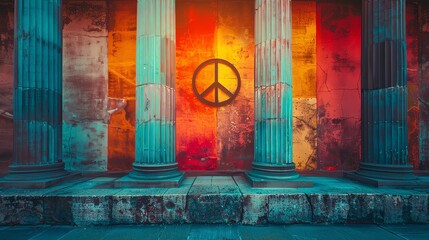 Temple facade adorned with peace sign symbols, providing a spiritual and decorative backdrop with clear space for text insertion, ideal for templethemed peace day imagery