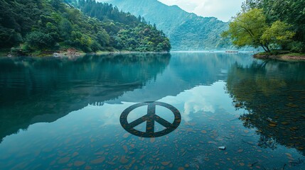 Serene lake reflecting a peace sign, with a tranquil backdrop and space for text overlay, ideal for peaceful waterthemed peace day backgrounds and customizable designs