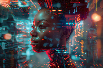 Futuristic Cyber World at Night.  A striking image showcasing a futuristic theme with vibrant colors and cyber elements overlaying a person's profile at night