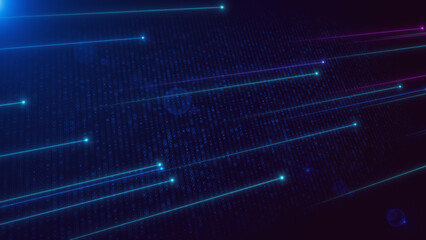 Abstract Digital Connectivity Network with Blue and Purple Shiny Hud Grid, Dotted Lines, and Light Flare Background
