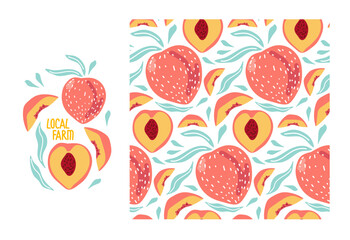 Local Farm. Pink Peaches. Seamless pattern with whole fruits and sliced fruits. Hand drawn vector illustration. Food eco Repeated template for background, textile, wrapping paper, wallpaper, scrap.
