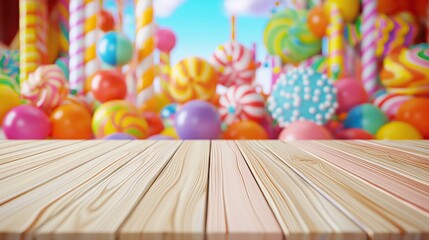close up of rustic empty wooden table with blurred candy land background