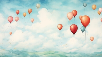 Fototapeta premium Assorted balloons floating in a serene sky with clouds. Wall art wallpaper