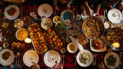 Overhead view of a table full of food and people eating at a dinner party