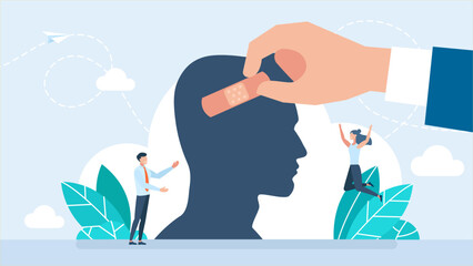 A medical plaster is stuck on the man's head. Man with a sealed plaster. Flat design, cartoon style, isolated background. Vector illustration