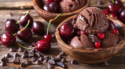 Indulge in a delectable delight of creamy chocolate gelato, adorned with luscious cherries that have been gently poached in rich wine.
