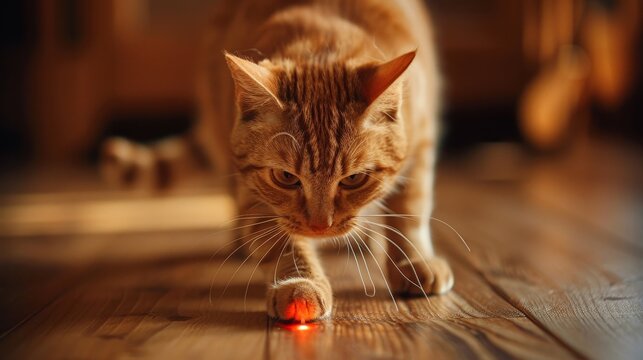 A ginger tabby cat with green eyes stalks a red laser pointer dot across a wooden floor