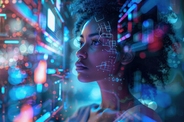 Futuristic Woman in Neon Lights Technology. A woman gazes into a futuristic neon-lit interface with a digital overlay at night, reflecting the convergence of humanity and technology