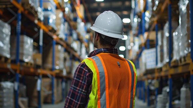 A logistics specialist wearing a safety vest and hard hat, conducting a site inspection at a distribution center The image includes forklifts, pallets, and other equipment, emphasizing the importance