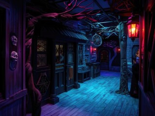 A haunted house walkthrough attraction with costumed actors and spooky decorations