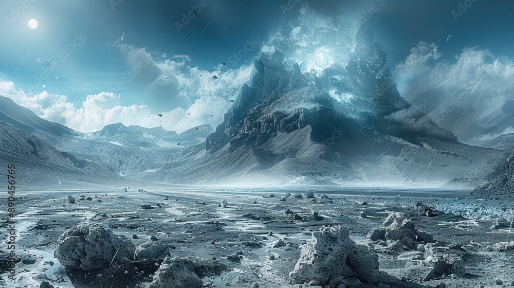 Poster the aftermath of a trans dimensional detonation of earth elemental magic on a rocky highland landsca