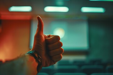 AI generated illustration of a close-up of a hand giving a thumbs-up in a dimly lit room
