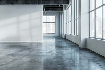 Obraz premium Open and spacious modern empty office space featuring large windows, concrete floors, and urban city views, ideal for customization. 