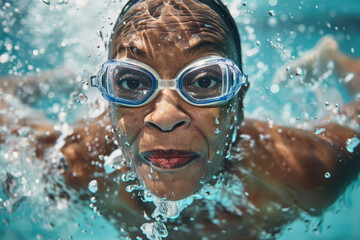 Fototapeta premium Photo of an elderly woman in sportswear swimming in summer, keeping fit, active aging concept.