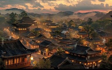 a traditional village at twilight, illuminated by lanterns, digital airbrushing