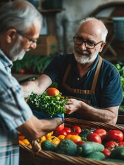 A couple examining a basket of fresh vegetables, possibly at a farmer's market or grocery store