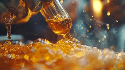 A hand pours a liquid from a glass beaker into a container, creating a bubbly reaction