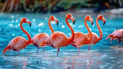 Obraz premium A group of pink flamingos stand in shallow blue water on a sunny day. The flamingos are wading and their pink feathers are visible against the blue water