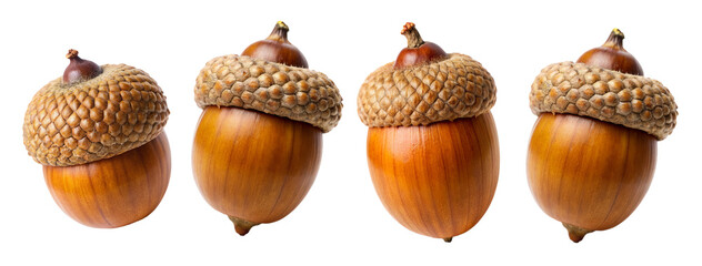 Acorns set isolated on transparent white background, png element. Autumn acorns