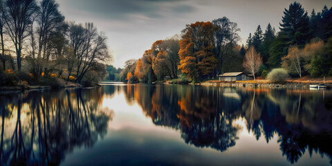 Autumn Canal Scene with Boats and Houses Along the Water - Generative AI
