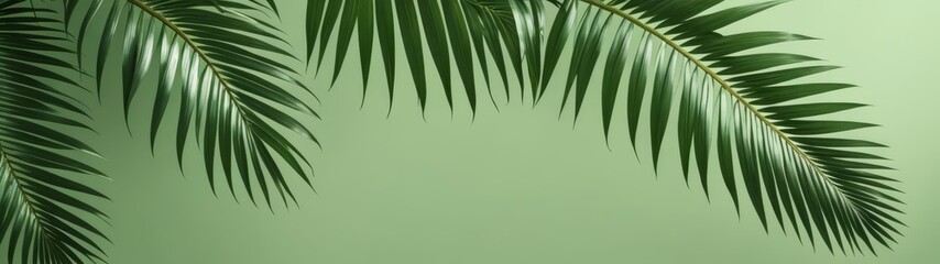 Obraz premium A minimalist design featuring palm leaves on a soft green background, evoking a serene tropical ambiance.