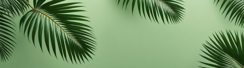 Fototapeta premium A minimalist design featuring palm leaves on a soft green background, evoking a serene tropical ambiance.